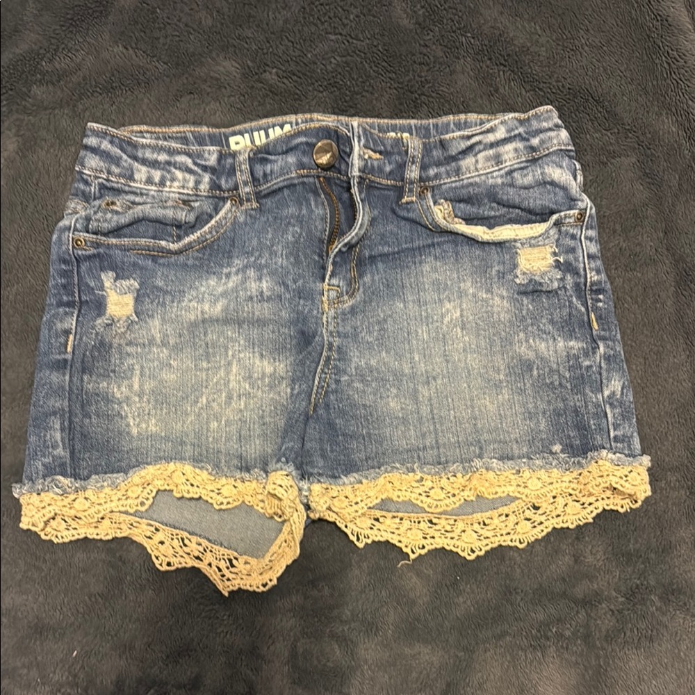 Blue Denim Shorts with Lace Trim